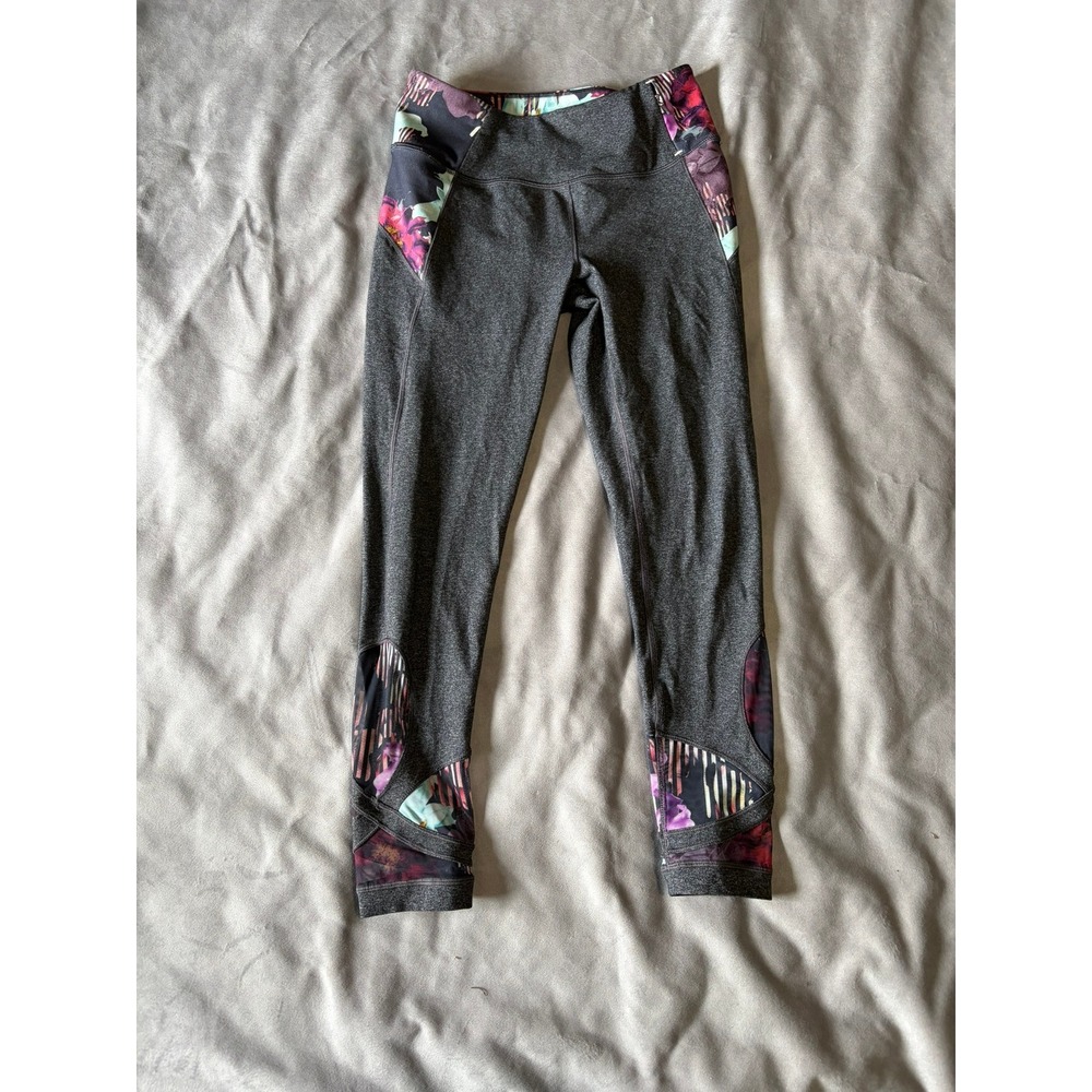 Athletic Floral Print Cropped Leggings Charcoal Gray Heather Yoga Pants